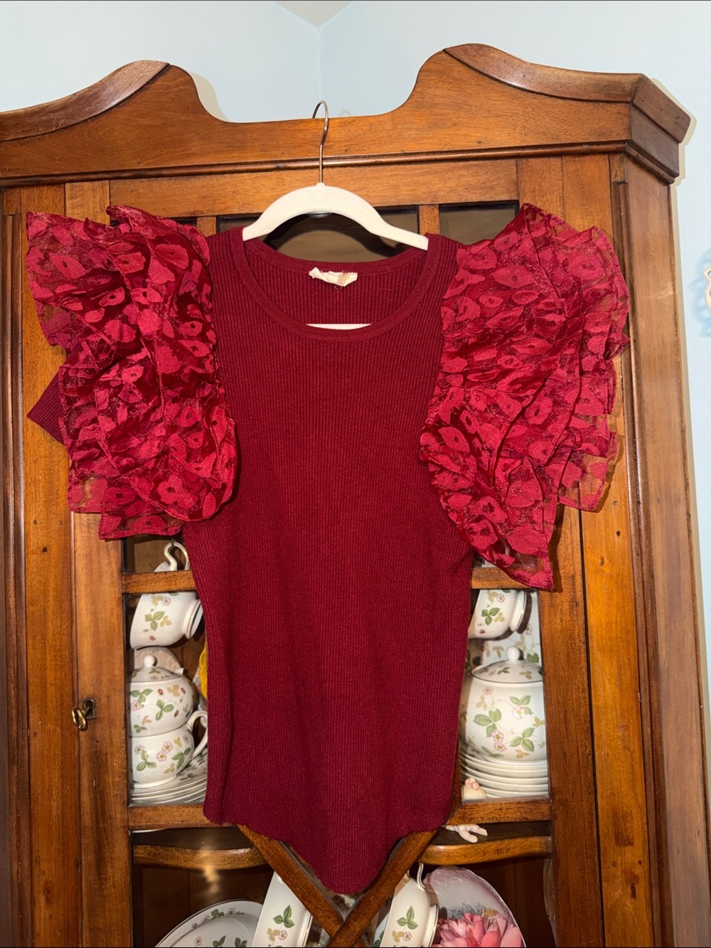Entro Ruffled Leopard Sleeve Scoop neck Red Shirt